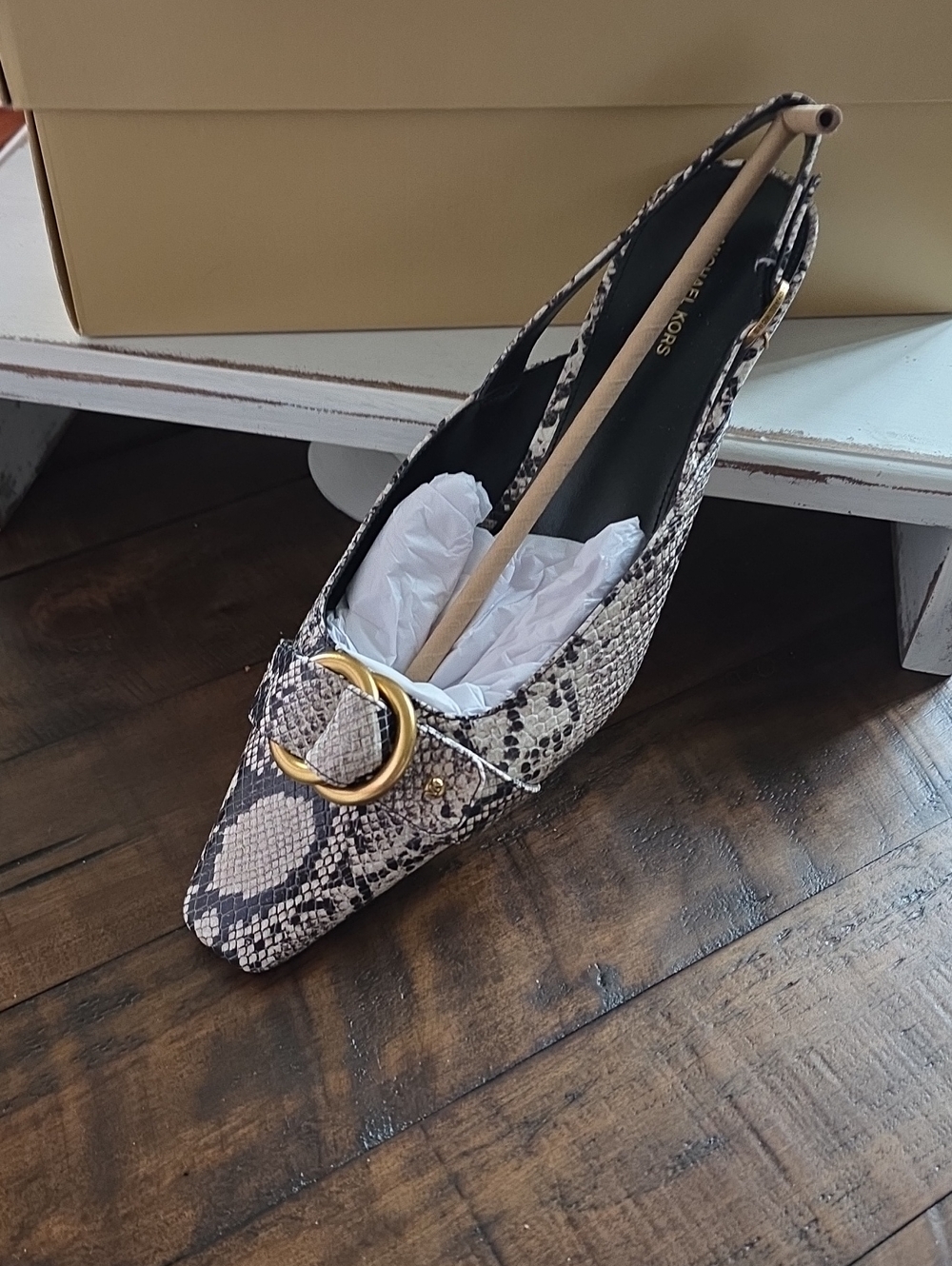 Michael Kors Snake-Print Slingback Flat with Gold Buckle